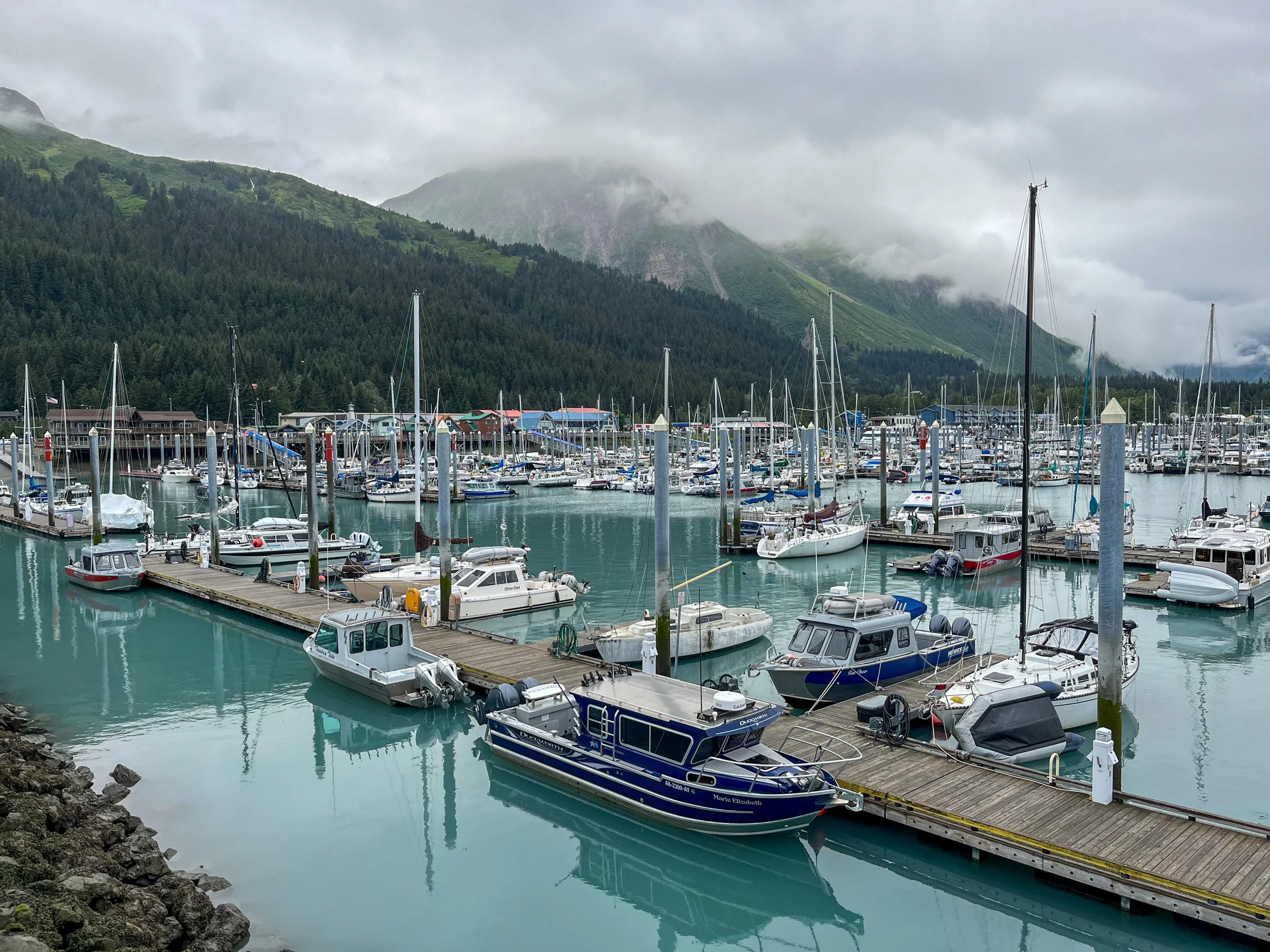 The town and harbor of Seward, Alaska. The sea water has a natural aqua color due to the minerals in the glacial meltwater.