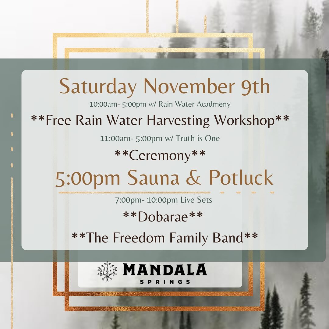 Saturday we have a full day of activities! Please Pre-Register as space is limited.

💧 10am-5pm FREE Rainwater Workshop
  Register on our website.
 Gain sovereignty and deeper self reliance.
 We have thousands of dollars worth of filteration supplie