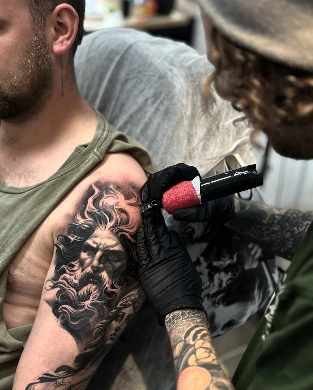 Zeus and Athena brought to with incredible detail @brookfield_tattoos The shading, textures, and balance in this sleeve has a high level of technical skill 🔥
&bull; 
&bull; 
#tattooartist #tattooart #tattoos #tattooed #inked #ink #tattooist #tattood