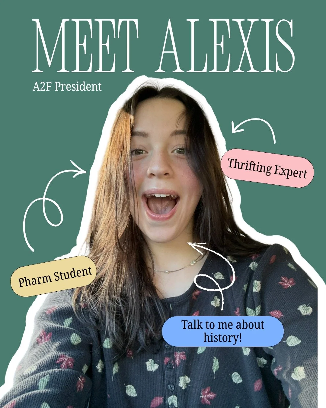 Meet Alexis - our President!👩&zwj;⚕️ She's a 2nd year Pharm student who loves thrifting 🛍️ and history📚...but hates ice cream 🍦🙅&zwj;♀️

Q: What's your hope for each student who checks out or joins A2F? 

A: My #1 hope is that each student eithe