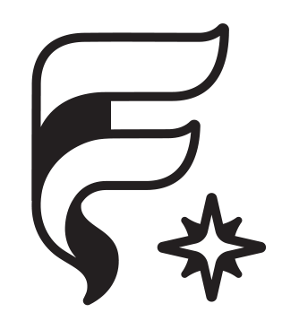 A stylized black flame icon with a small star-like shape below it.
