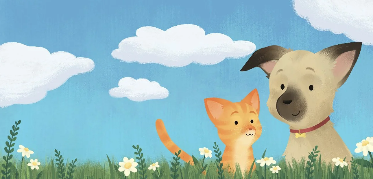 Animated illustration of a cat and dog sitting on grass with white flowers, under a blue sky with clouds.