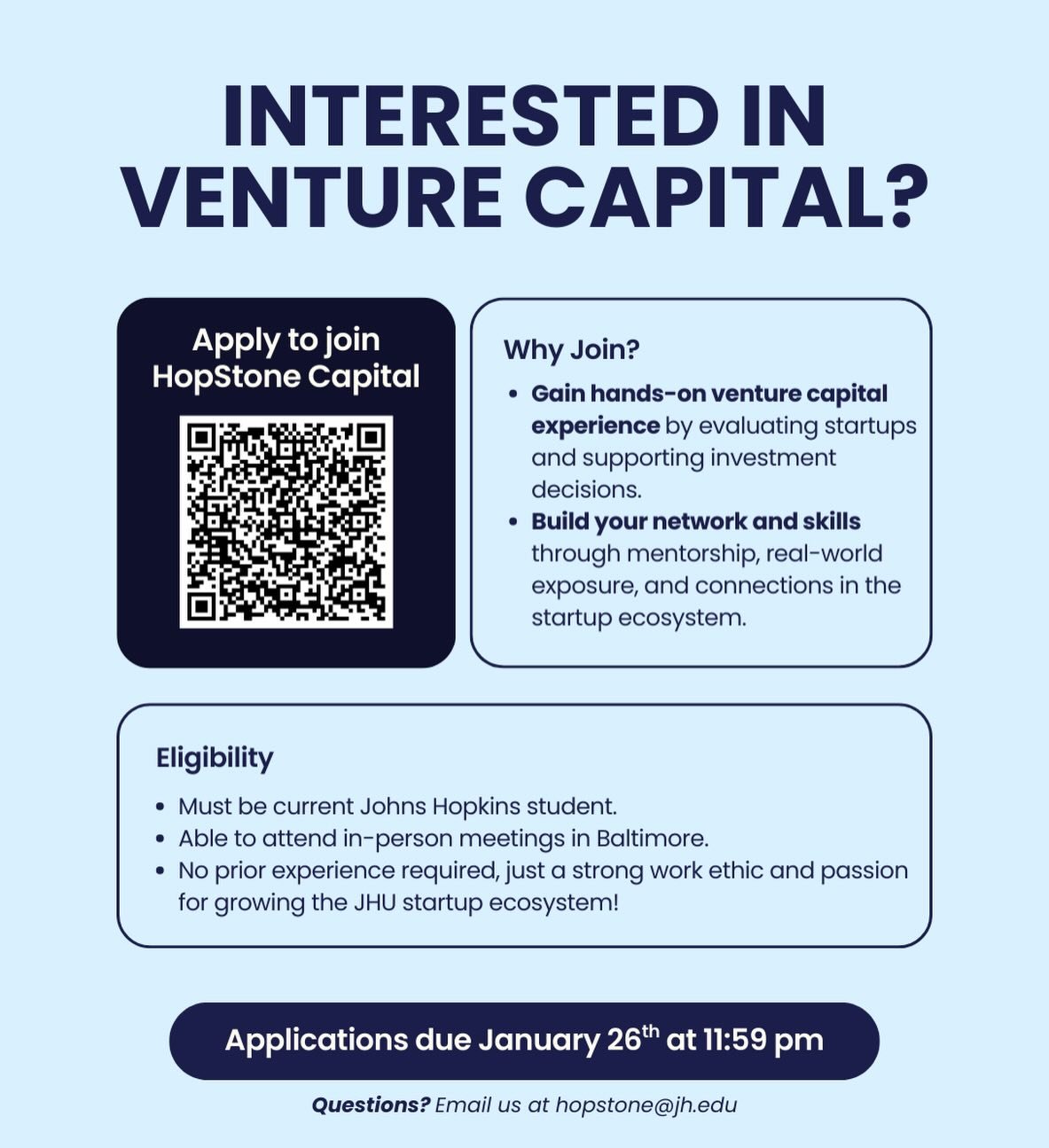 Interested in getting involved with HopStone Capital?
 We are recruiting current Johns Hopkins students to help evaluate early-stage startups, conduct market research, and support investment decisions.
This is a great opportunity to get hands-on expe