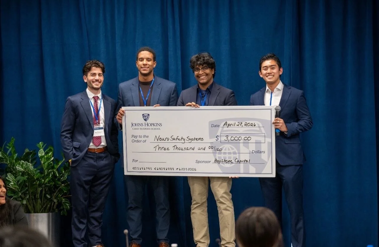 Congratulations to Neuro Safety Systems for winning HopStone Capital&rsquo;s prize at the fifth annual Student Venture Showcase, hosted by @jhucarey! We&rsquo;re beyond excited to be able to contribute to the thriving startup ecosystem here at Hopkin