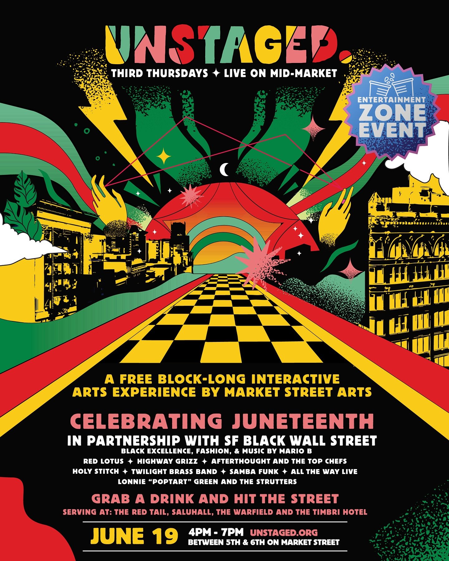 UNSTAGED is back for 2025! 
THIRD THURSDAYS * LIVE ON MID-MARKET

An interactive arts experience by @marketstreetarts celebrating Juneteenth with @sfblackwallstreet_org 

Come celebrate Juneteenth, Black artists, and Mid-Market&rsquo;s first enterta