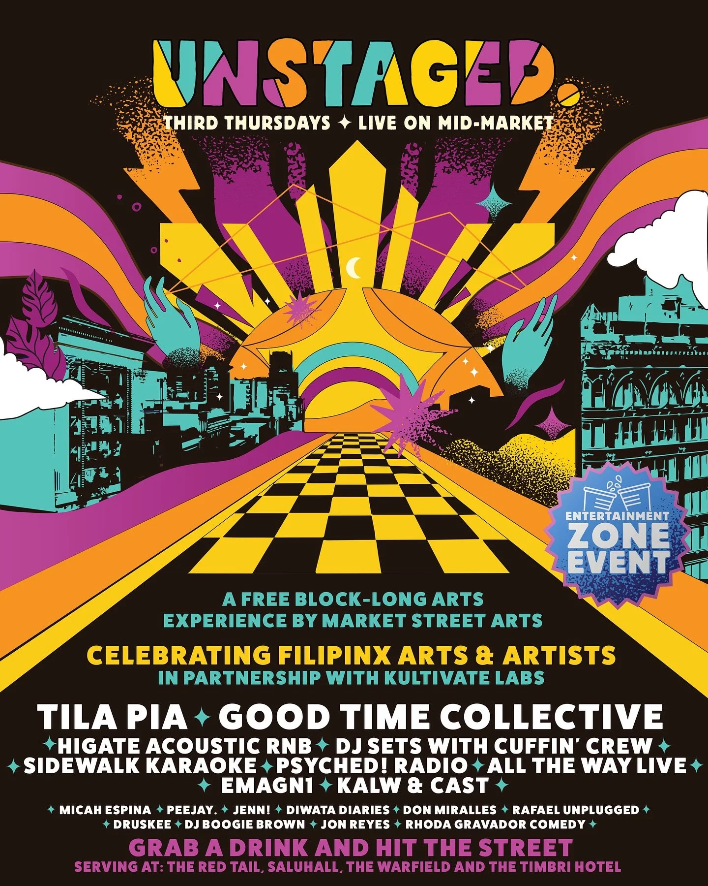 ☀️ UNSTAGED in August! ☀️

On August 21st Mid-Market will be going OFF with Filipinx artists, musicians, DJs, dancers, makers, and performers. 🇵🇭

We&rsquo;re partnering with @kultivatelabs to celebrate Filipinx art, artists, and community creativi