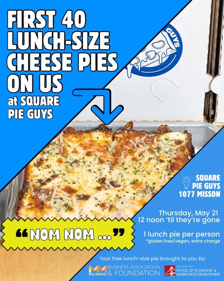 Get a FREE lunch-size cheese pie on us at Square Pie Guys! 🍕 

Starting Thursday, May 21 at 12 noon, we are buying a lunch-size cheese pie (2 slices!) for the first 40 people to stop by @squarepieguys (1077 Mission Street in Mid-Market) to celebrate