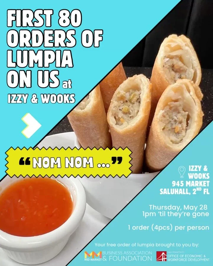 Get a free order of lumpia ON US at Izzy &amp; Wooks! 🇵🇭 

Starting Thursday, May 28 at 1pm, we are buying an order of lumpia (4 pcs) for the first 80 people to stop by @izzyandwooks (945 Market, @saluhallsf 2nd Fl) to celebrate Small Business Mont