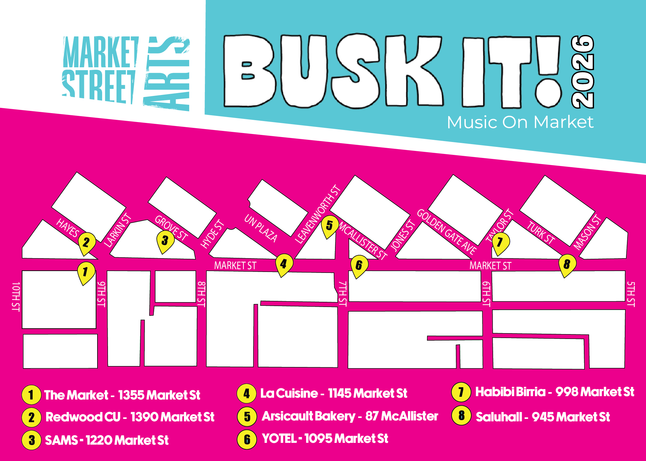 Busk  it on Market Street Map of locations, including The Market, Redwood credit union, SAMS American Eatery, La Cuisine, Arsicault Bakery, YOTEL, Habibi Birria, and Saluhall.