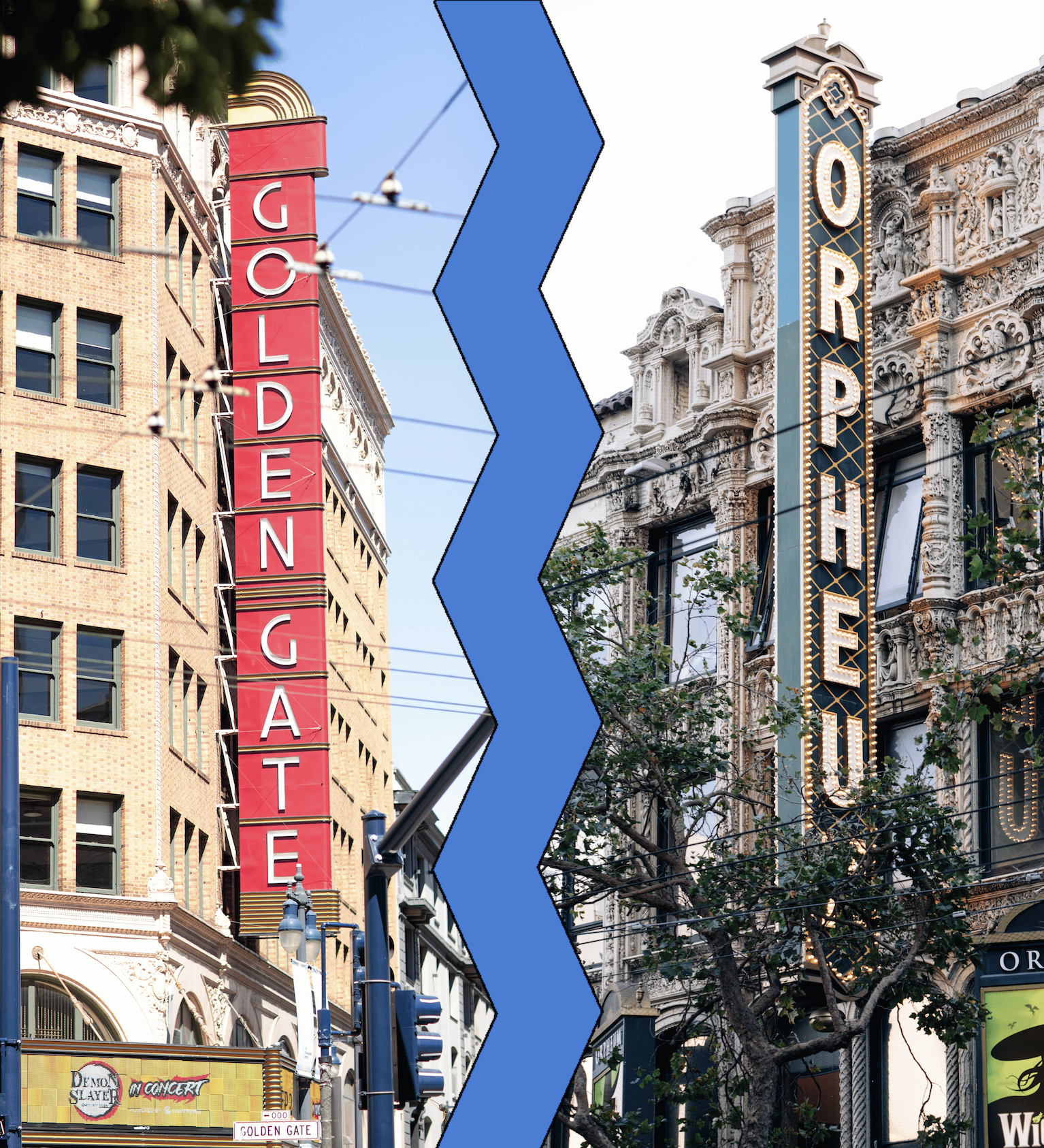 Comparison of the Golden Gate Theatre sign on the left and Orpheum Theatre sign on the right, with a blue jagged line splitting the image.