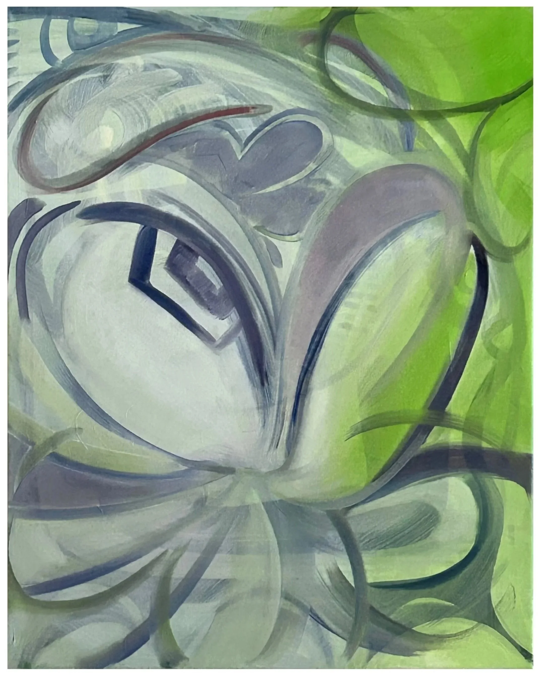 Abstract painting of a large flower with white, gray, and purple petals, accented with a heart and clock symbols, set against a green background.