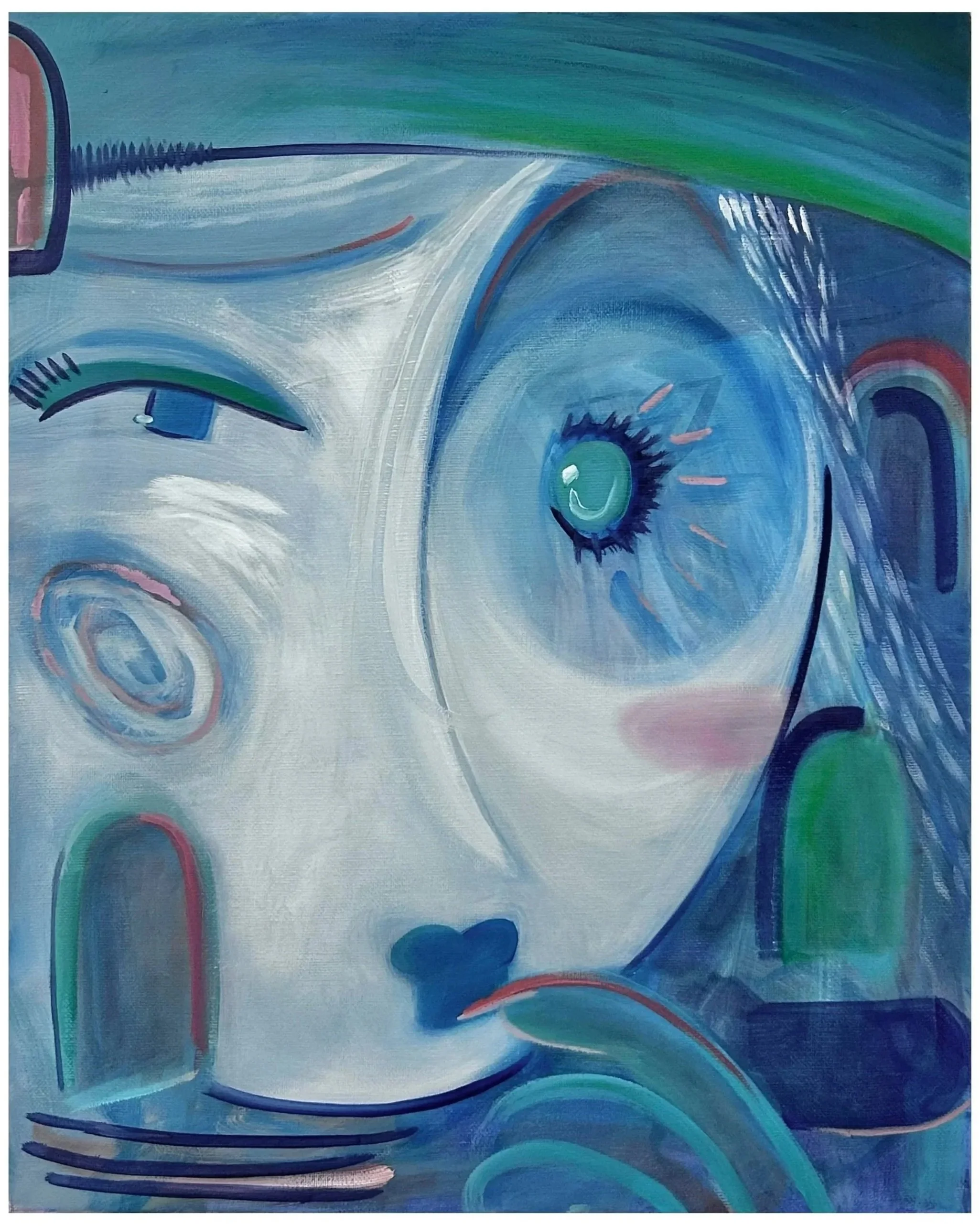 Abstract painting of a face with large blue eyes, a pink cheek, and a nose, using shades of blue, green, and pink.