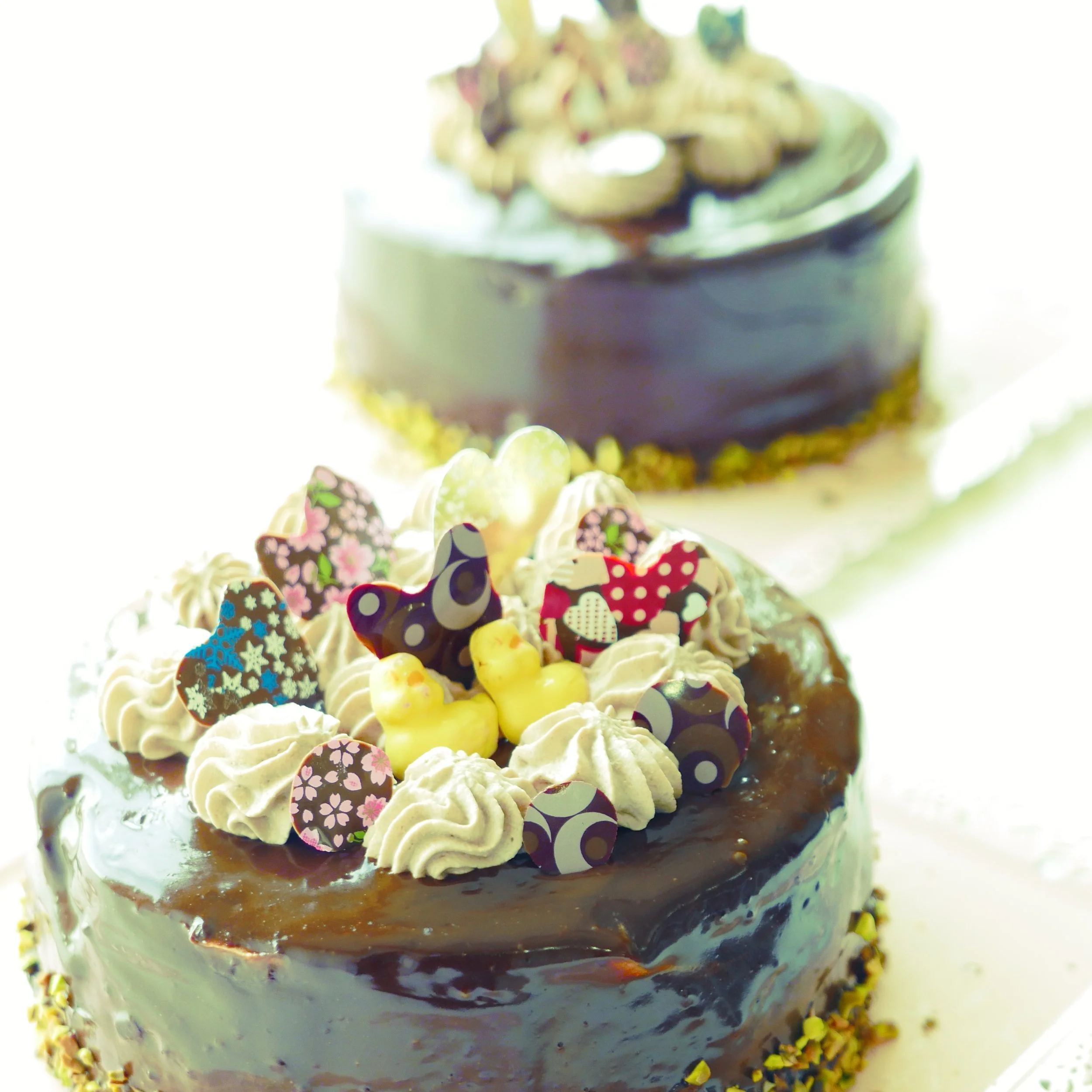 パティスリー３０１のお菓子教室で生徒さんがつくったトリュフェルトルテがつややかに写っている。ケーキのトップにはチョコレートで作られたアヒルとハートが飾られている。