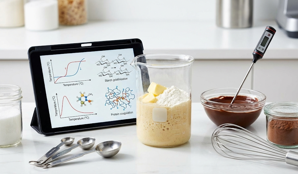 タブレットに表示されたデンプンの糊化やタンパク質凝固の科学的なグラフと分子構造図。その横で、ビーカーに入った材料や温度計が刺さったチョコレートなど、理論に基づいた正確なお菓子作りの準備が進められている様子。パティスリー301のロジカルなレッスンを象徴するイメージ。