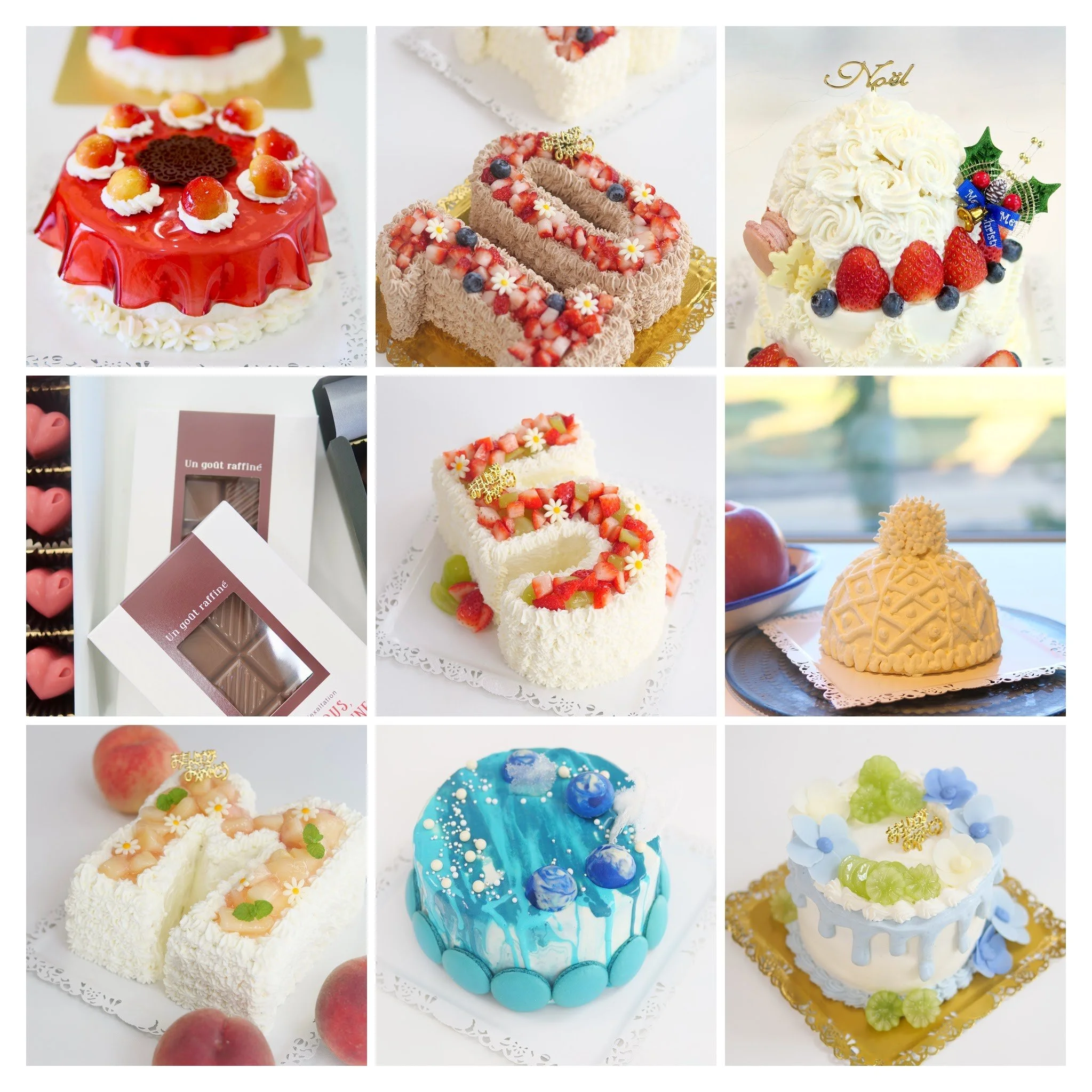 様々なデコレーションされたケーキとチョコレートのアイテムが並ぶ画像。