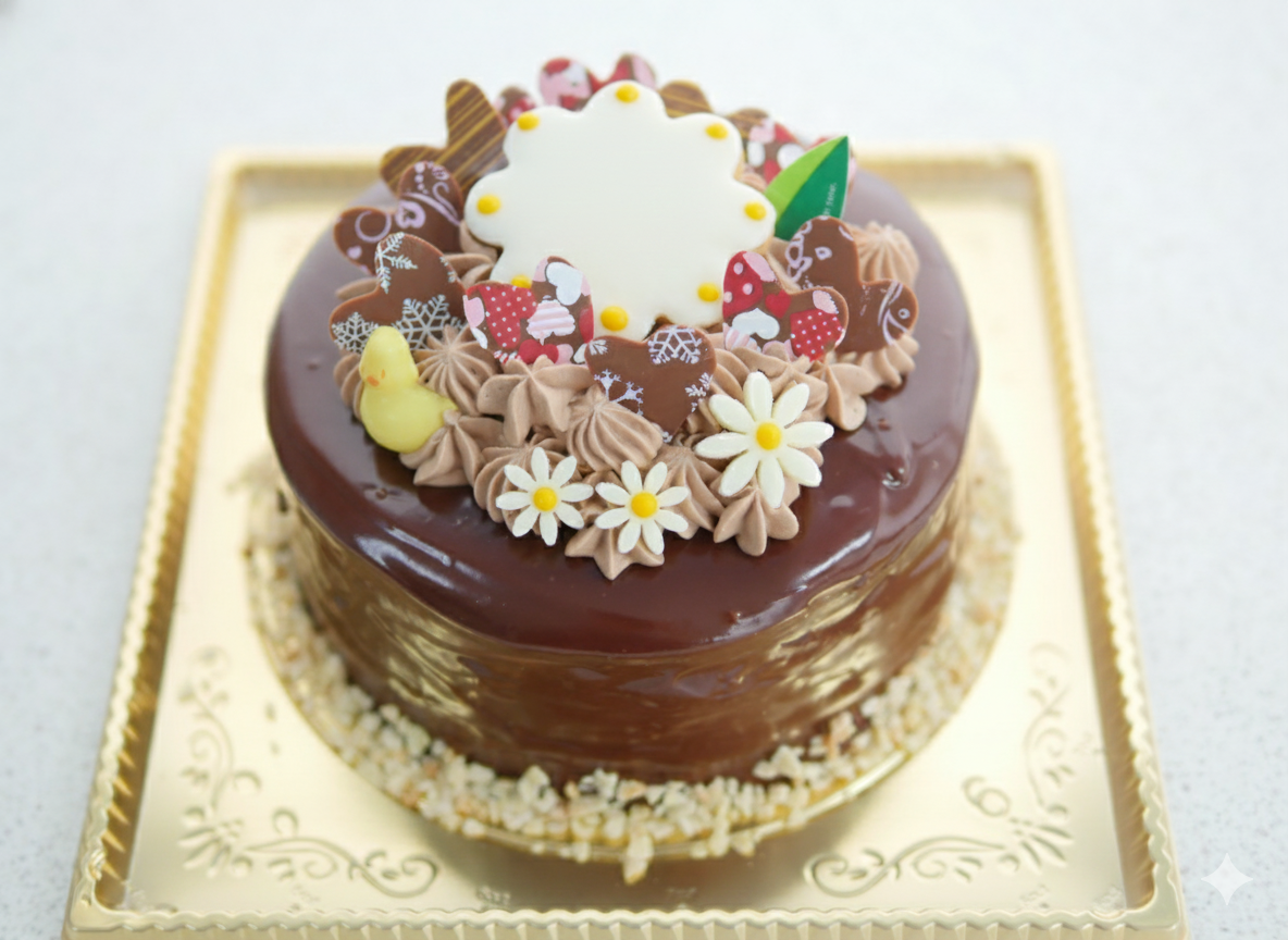 チョコレートケーキに花や動物のデコレーションが施されている。