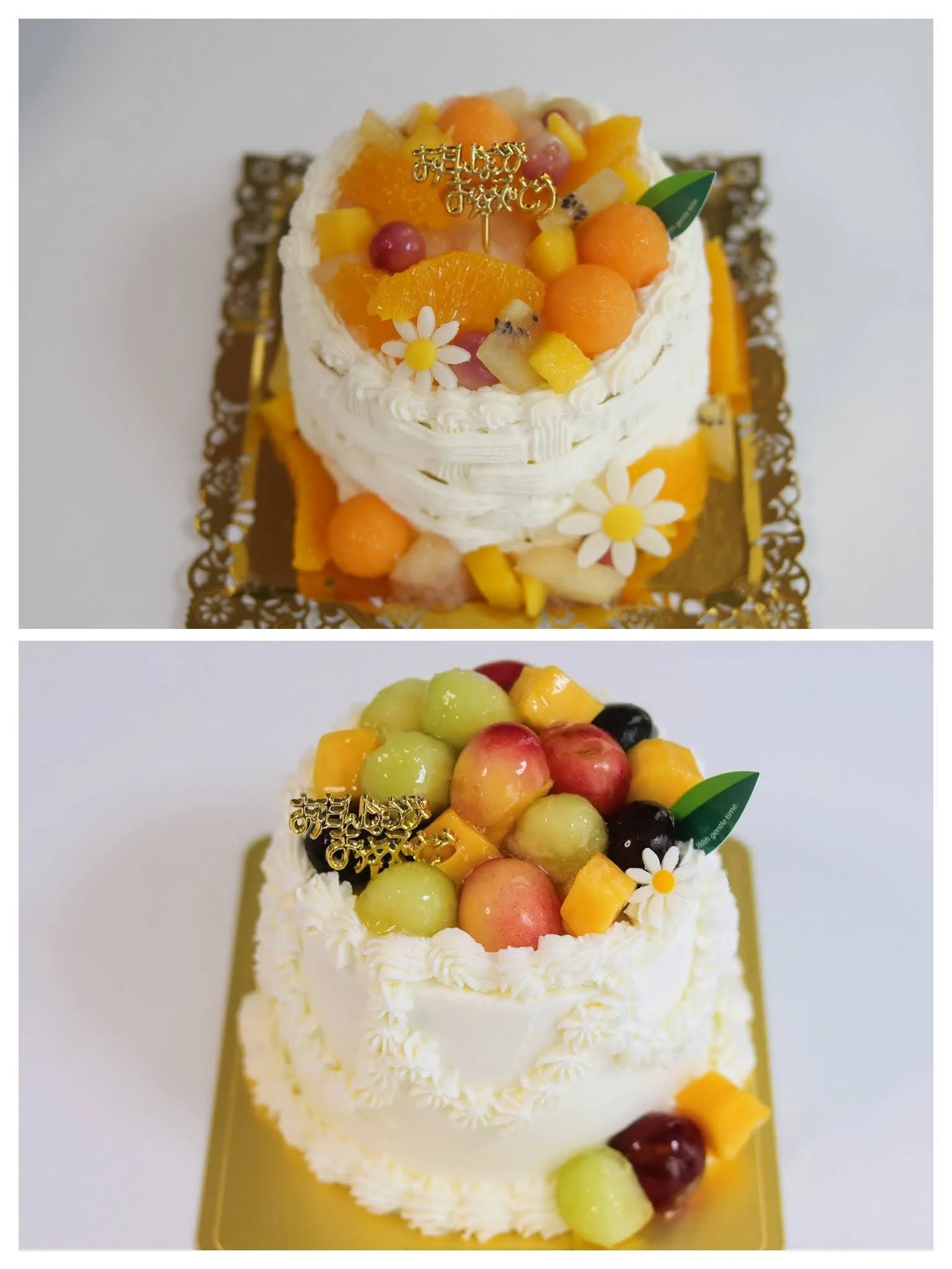 パティスリー301の特製フルーツデコレーションケーキ。マンゴーやメロンが輝く華やかなケーキと、職人技が光る網目模様のオレンジケーキの2種類。