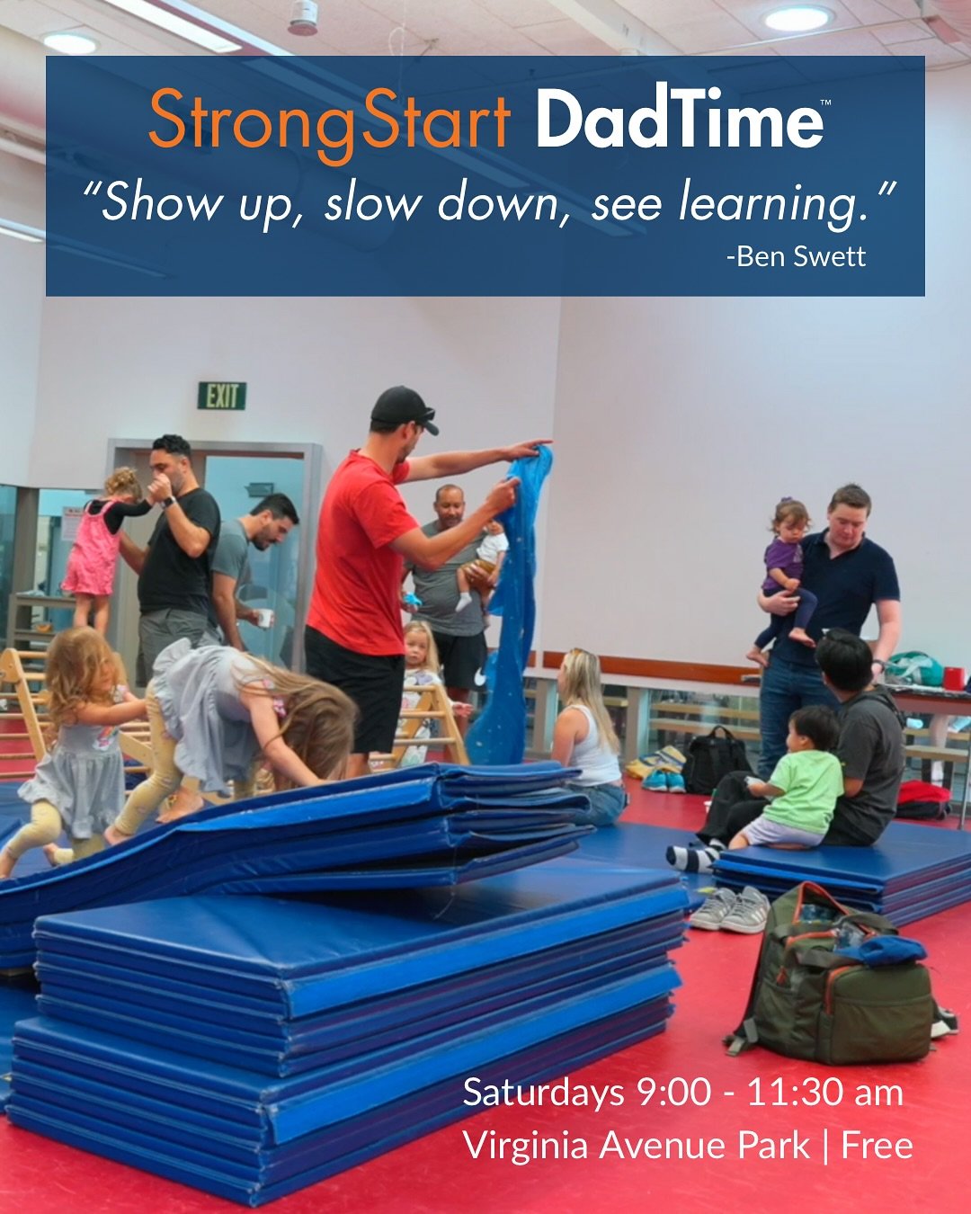 Infants, Toddlers, Dads! DadTime is every Saturday morning at Virginia Avenue Park. 

Kids play freely, Dads relax and connect. Free coffee, and the Virginia Avenue Farmers Market is right outside!

🕐 9:00 - 11:30 AM!
📍Virginia Avenue Park (fitness