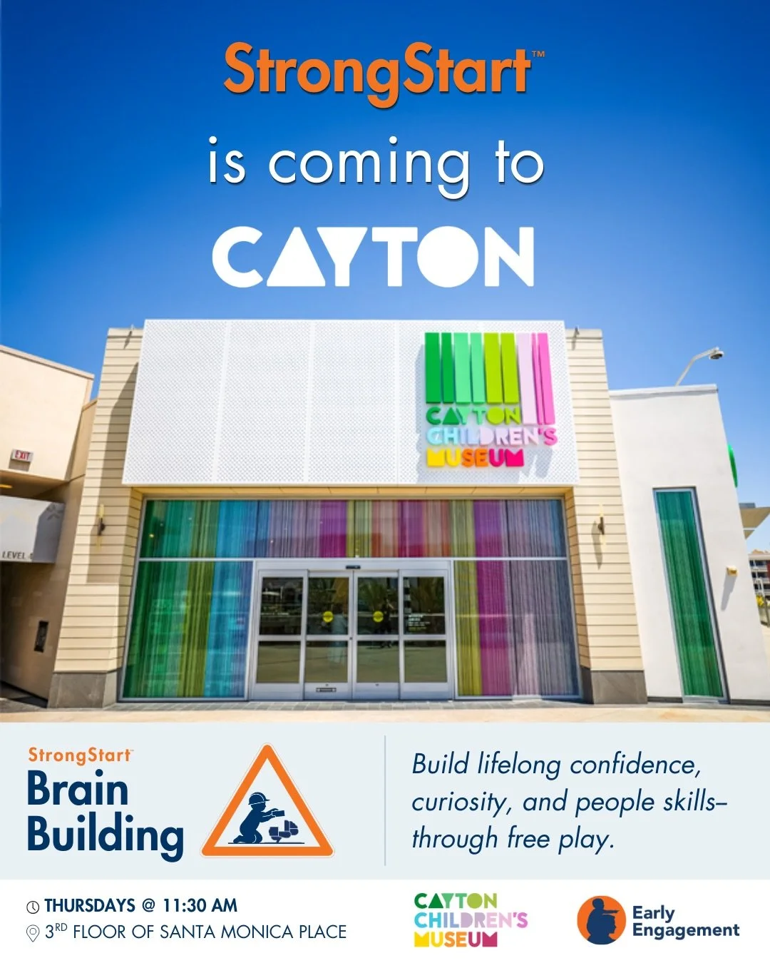 Join us for StrongStart BrainBuilding Thursday mornings @caytonchildrensmuseum! Build lifelong confidence, curiosity, and people skills&mdash; through free play. #freeplaybuildsbrains 
 
 🕦 Thursdays at 11:30 AM 
📍 Cayton Children&rsquo;s Museum, 3