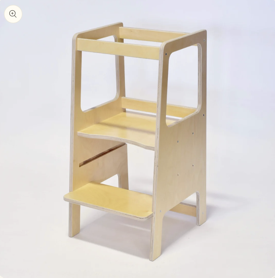 Wooden Montessori learning tower for children, with steps and safety rails, manufactured by RAD Children's furniture.