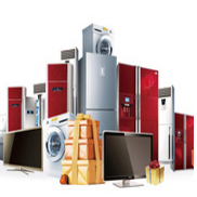 Collection of home appliances and electronics including refrigerators, washing machines, a television, and a computer monitor