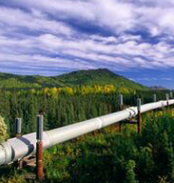Scenic landscape with a pipeline running through green fields and yellow flowers under a partly cloudy sky