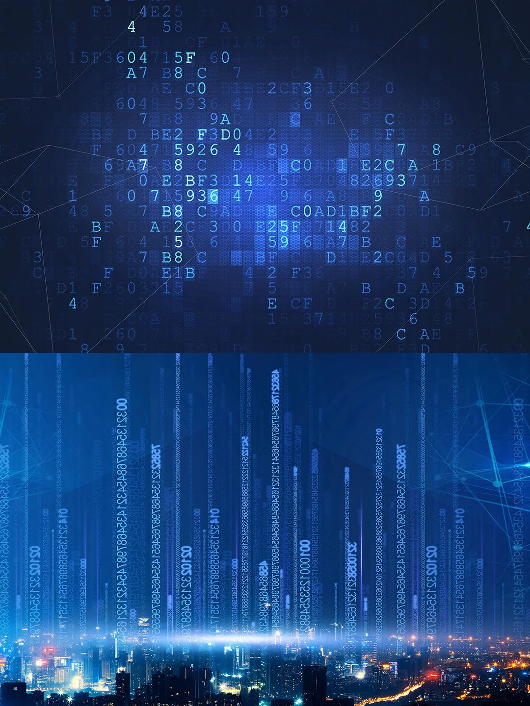 A digital cityscape with dark silhouettes of buildings and bright lights, overlaid with blue digital code, numbers, and data streams resembling a futuristic or cyber environment.