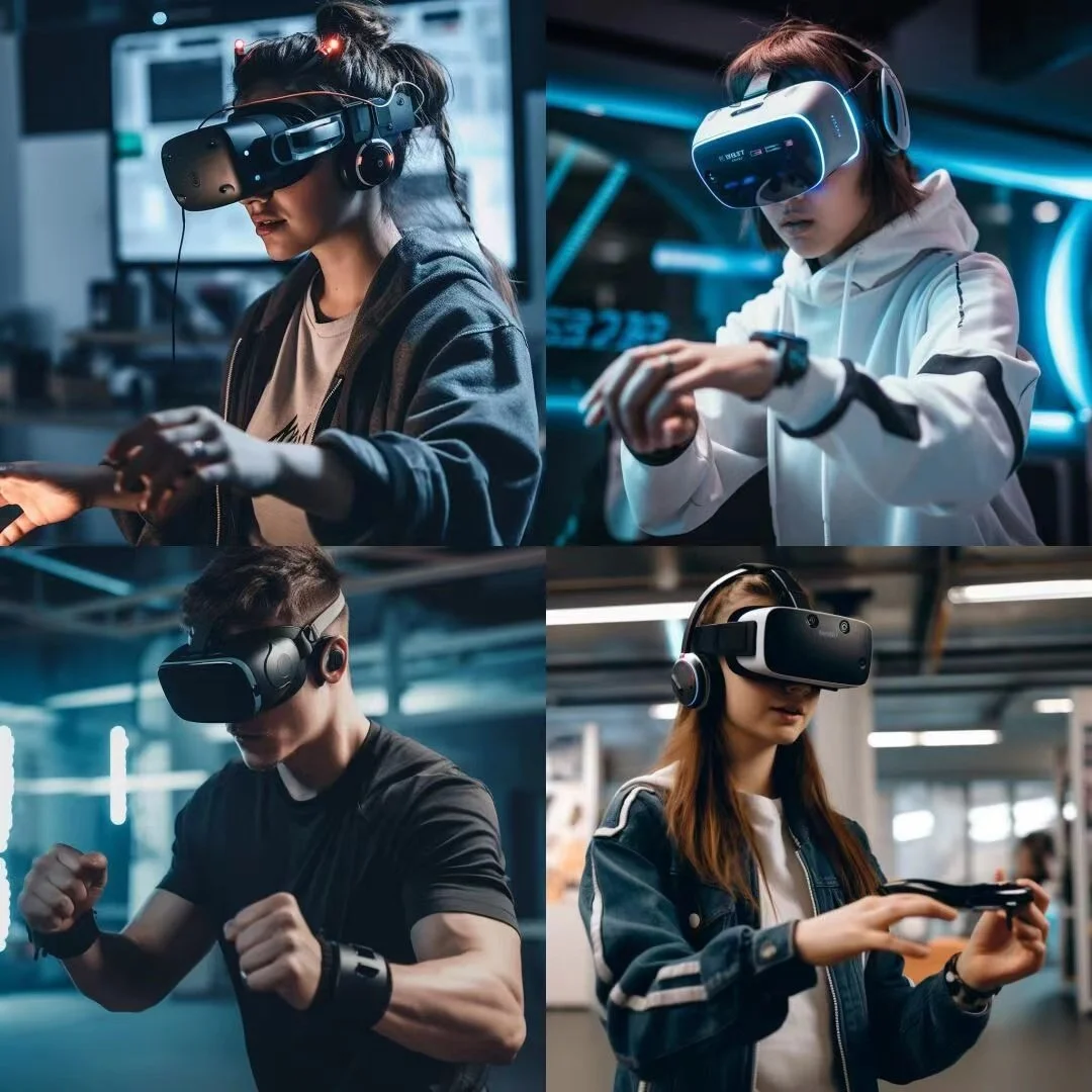 Four young people wearing virtual reality headsets engaging in different activities in a modern indoor setting.