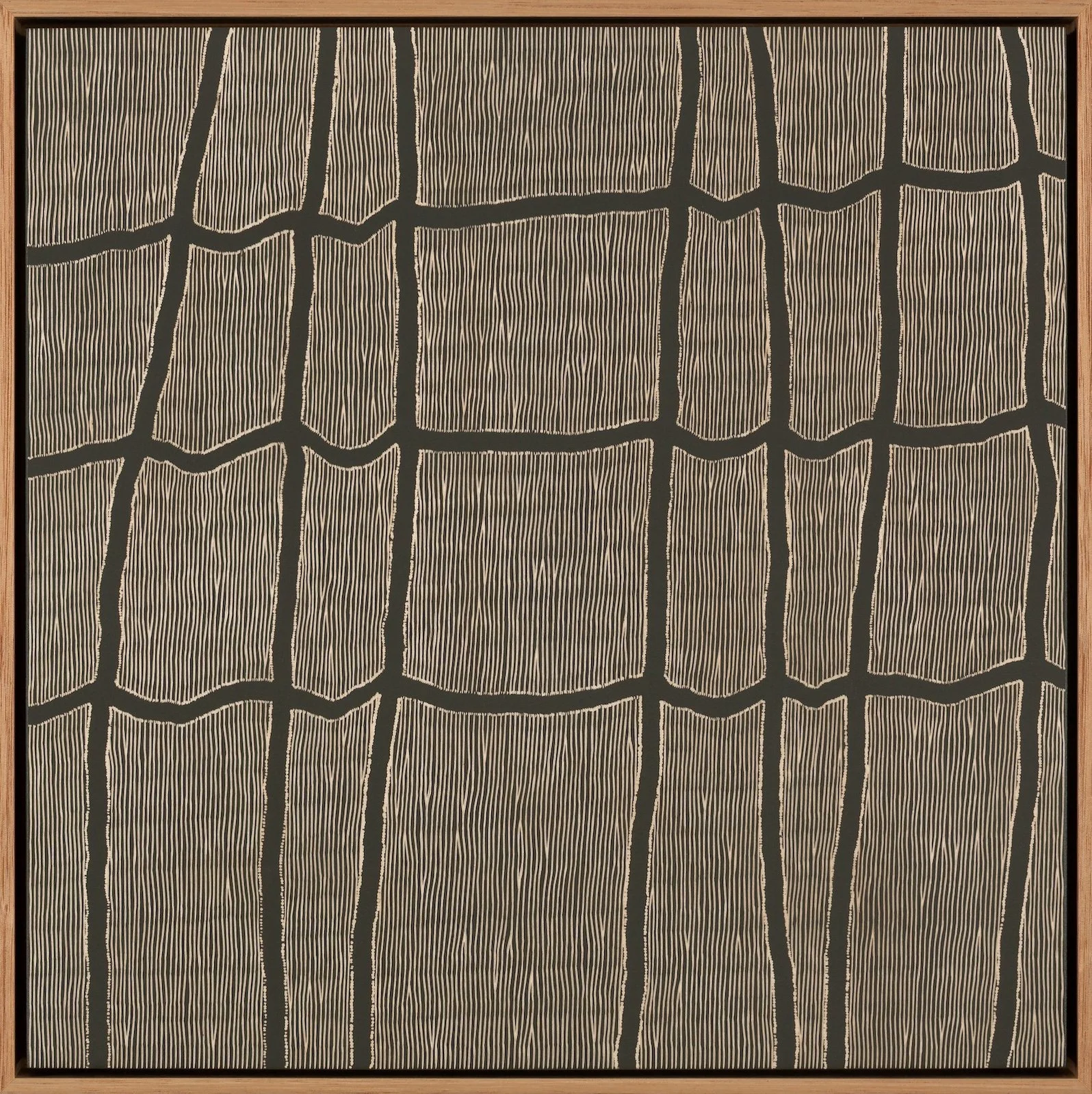 Wood relief print with a taupe background and black lines at uneven intervals