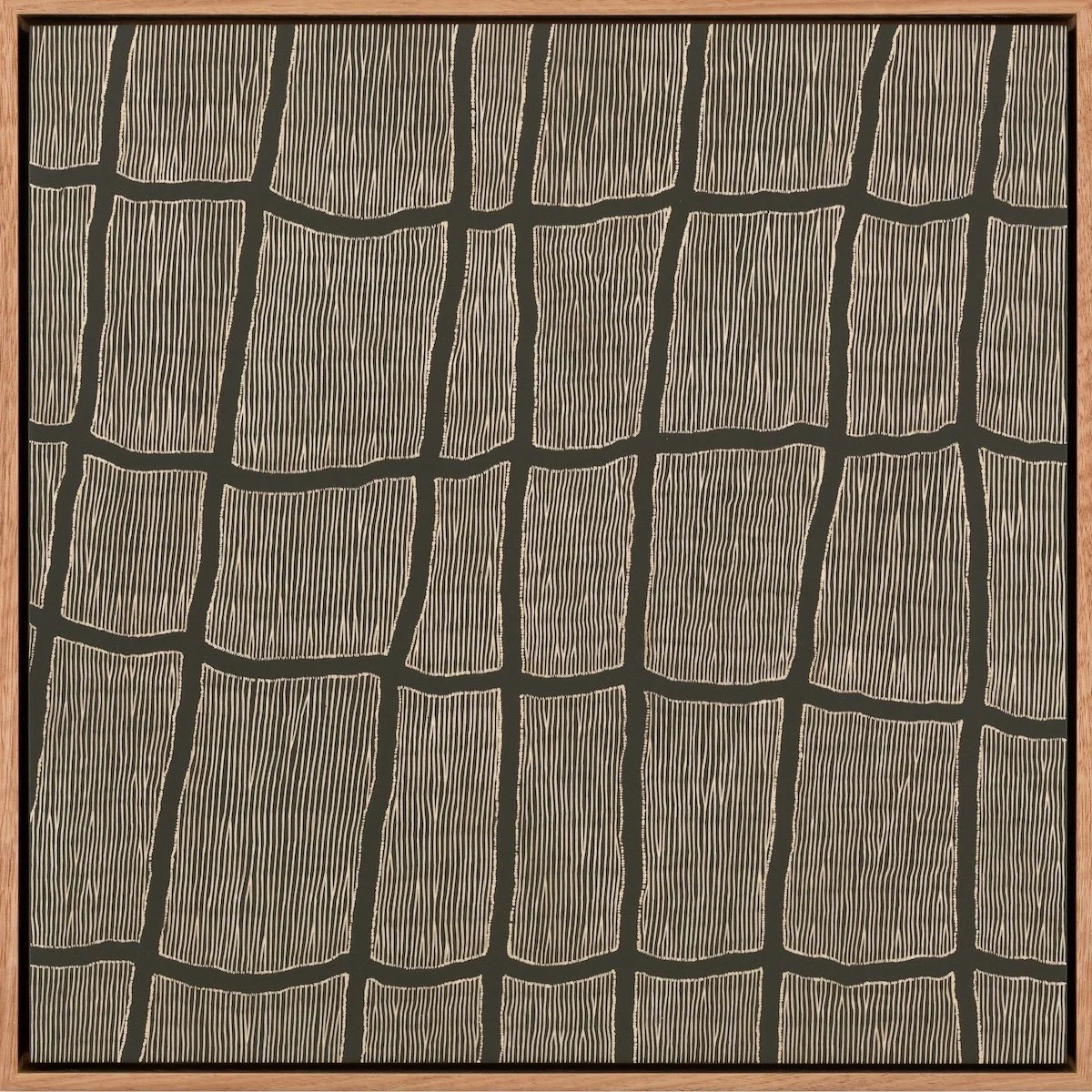 Wood relief print with a taupe background and black lines creating an uneven grid
