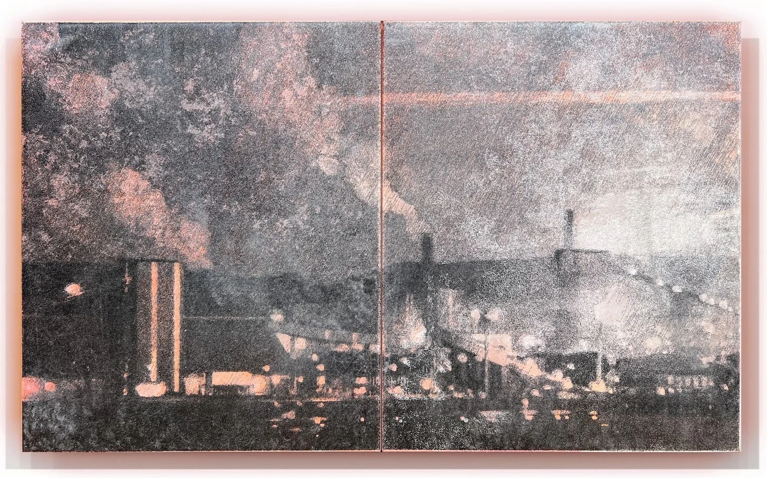 Night painting of NSW Port Kembla steelworks with pink smoke and a charcoal and pink night sky.