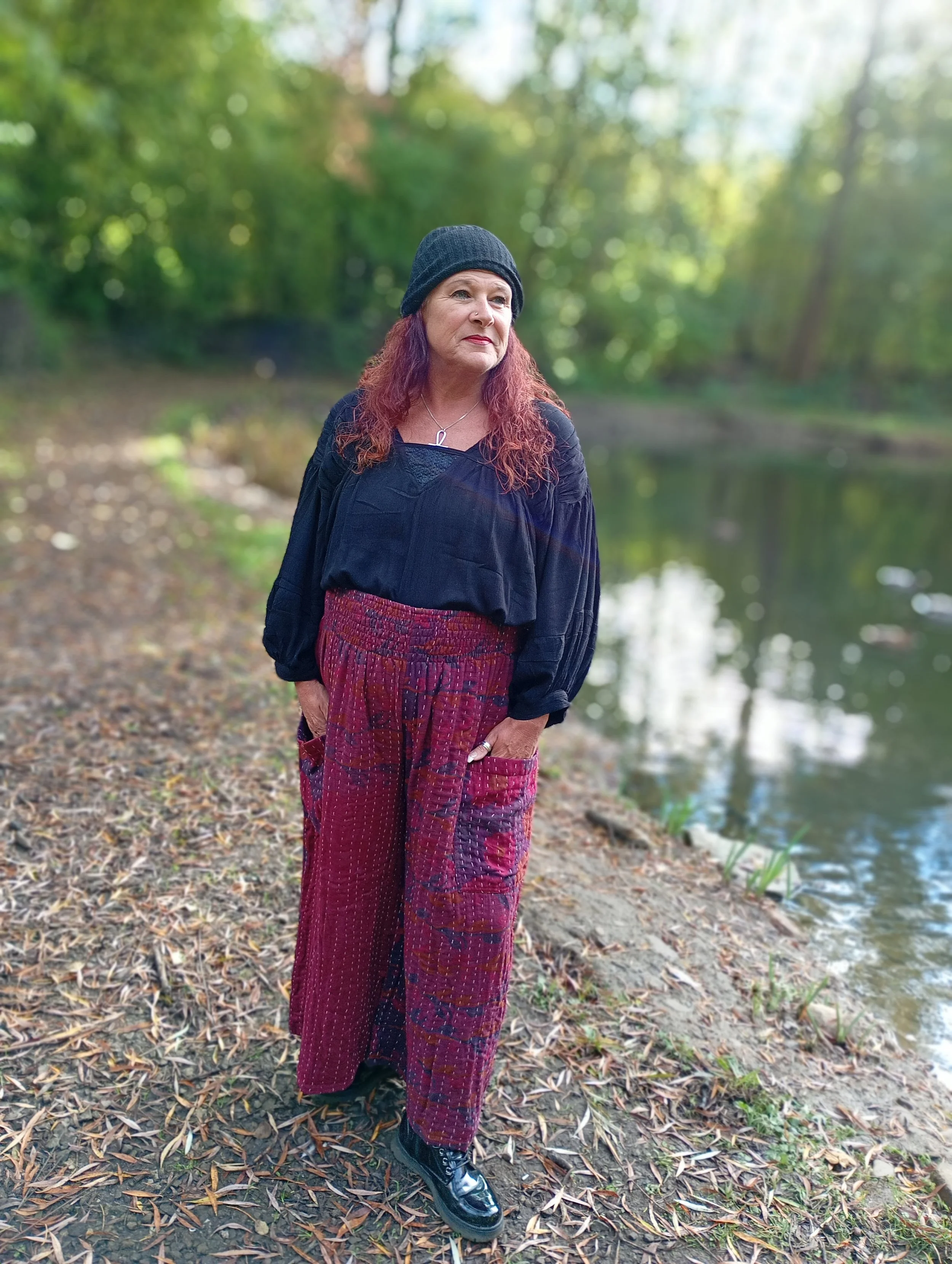 Vintage Kantha Pocket Pants ~ Overdyed Deep Red