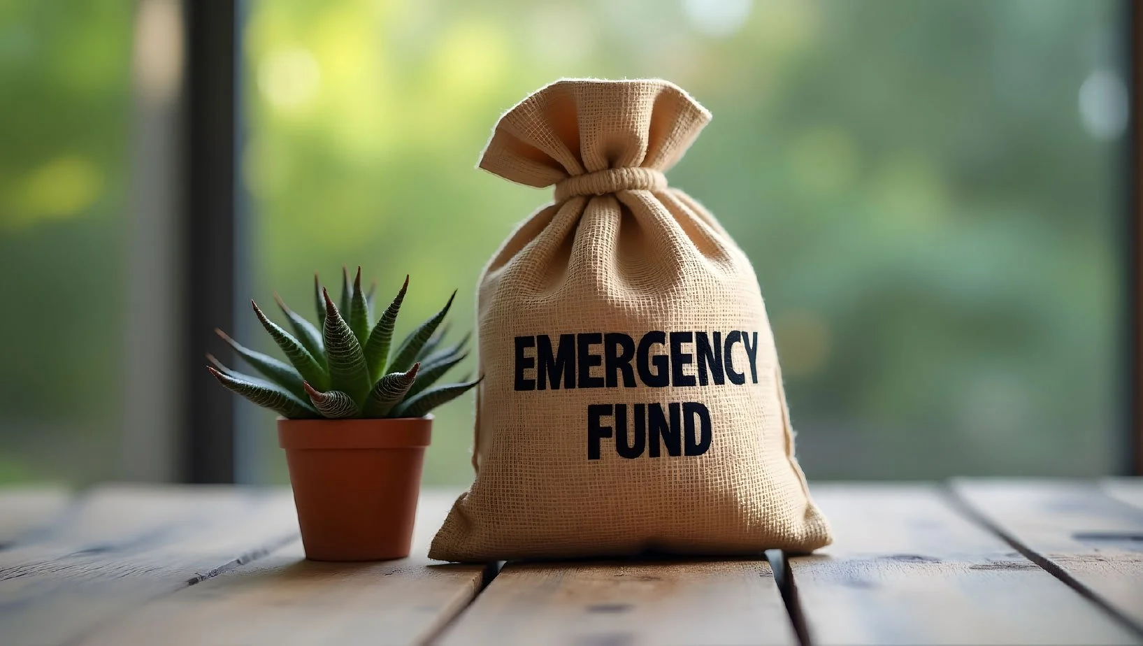 Emergency Fund bag on table with plant