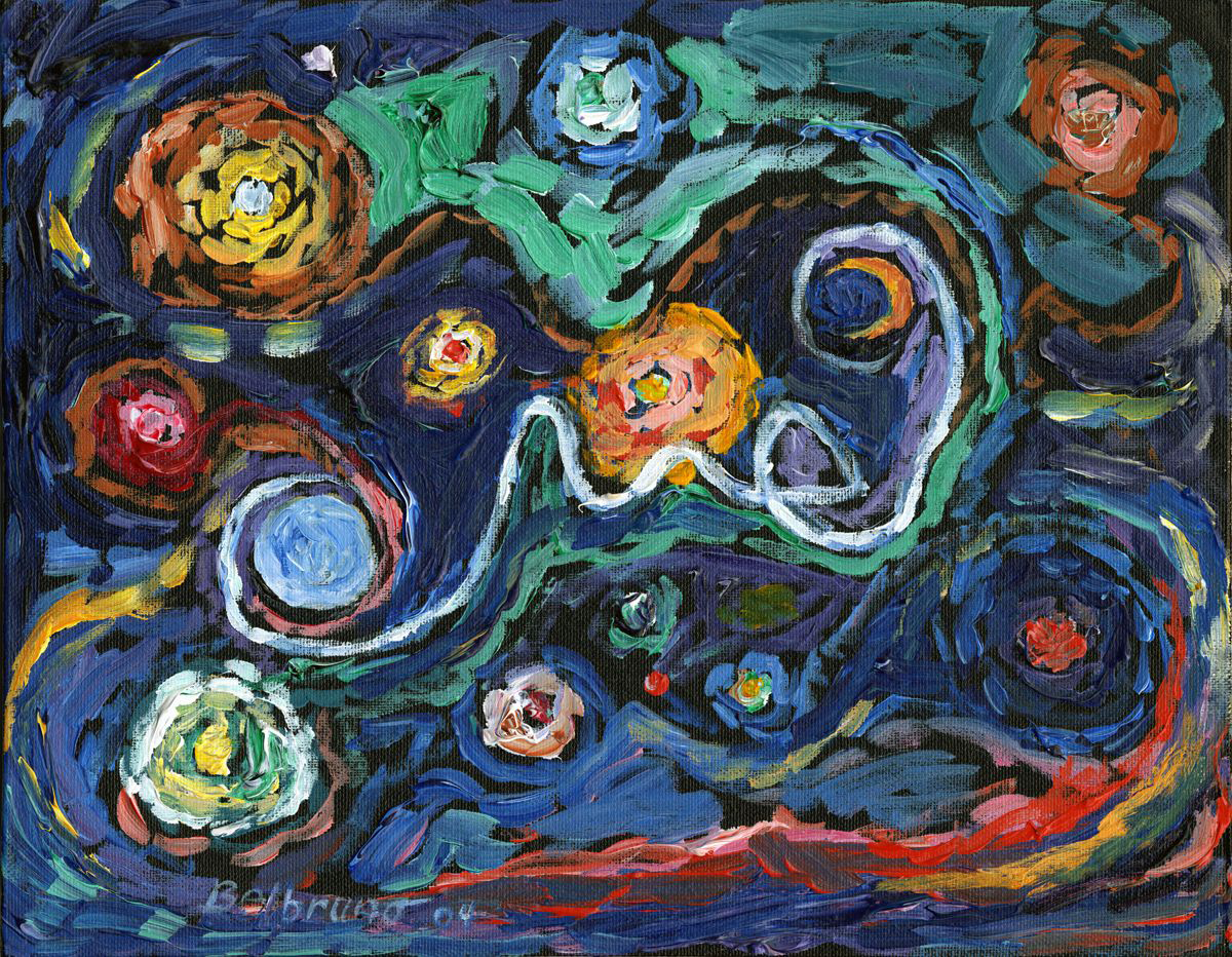 An abstract painting with swirling colors and circular shapes in shades of blue, green, yellow, red, and orange.