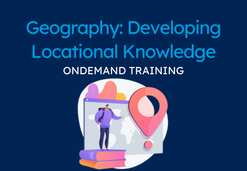 Digital illustration promoting on-demand training in geography, focusing on developing locational knowledge. Features a person interacting with a large map and a location pin, with books nearby.