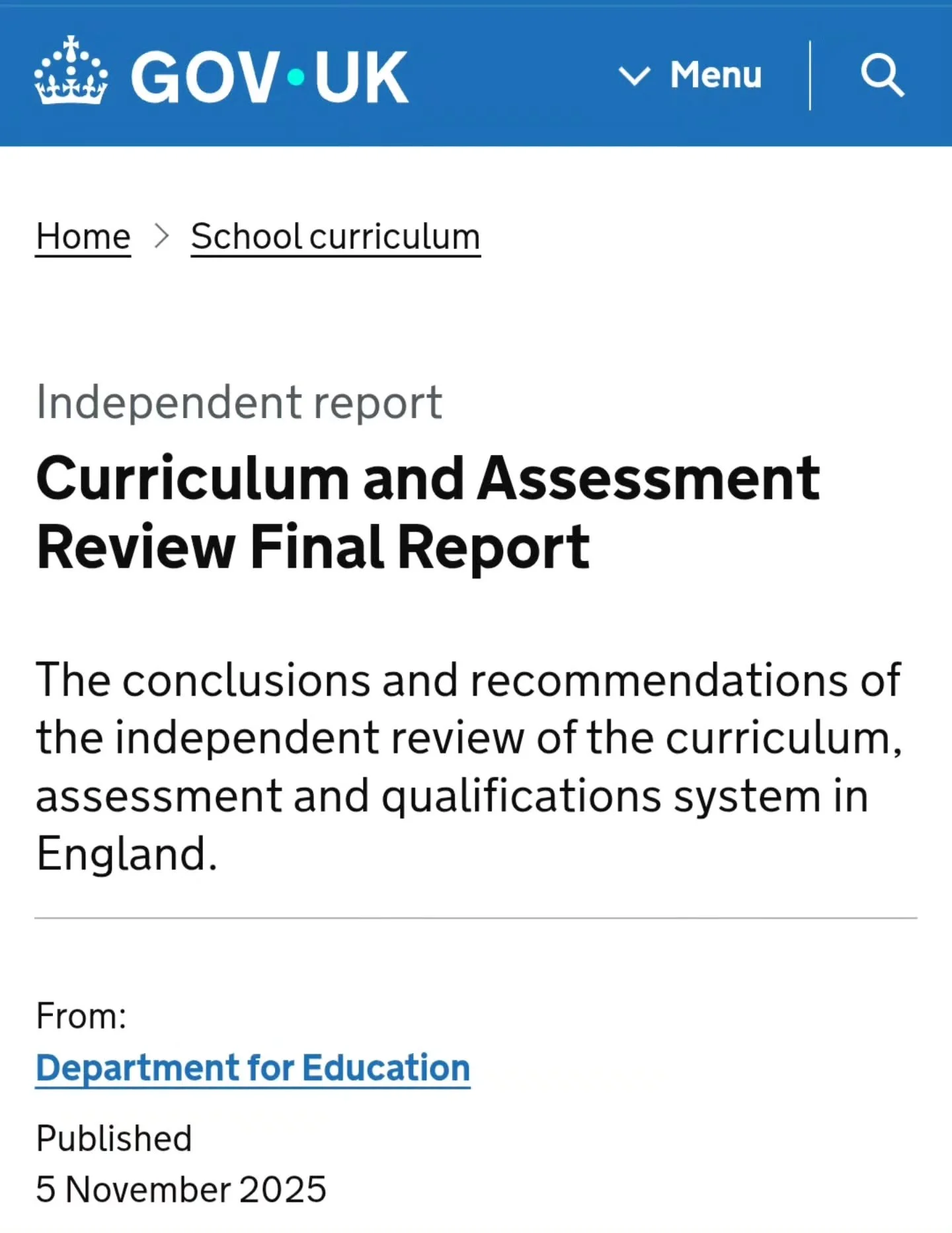 If you haven't seen, the final curriculum review report has been released. You can find it here:

https://www.gov.uk/government/publications/curriculum-and-assessment-review-final-report

I haven't read it yet, but I am intrigued to see what 'the pla
