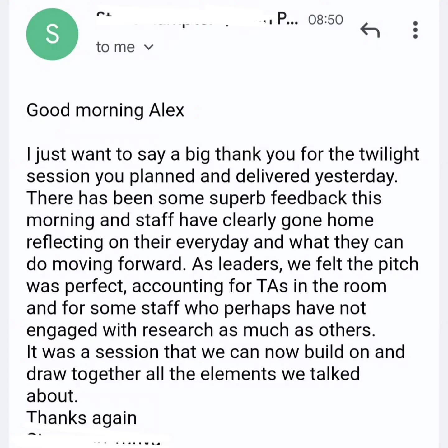 Always great to get positive feedback for the work we do!

Woke up to this lovely email yesterday!

Happy Friday!

If you are interested in the work I do with schools, feel free to get in touch. Always happy to chat!

#education #leadershipdevelopmen