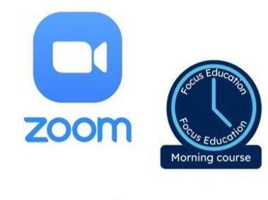 Zoom logo next to a Focus Education morning course badge with a clock icon.