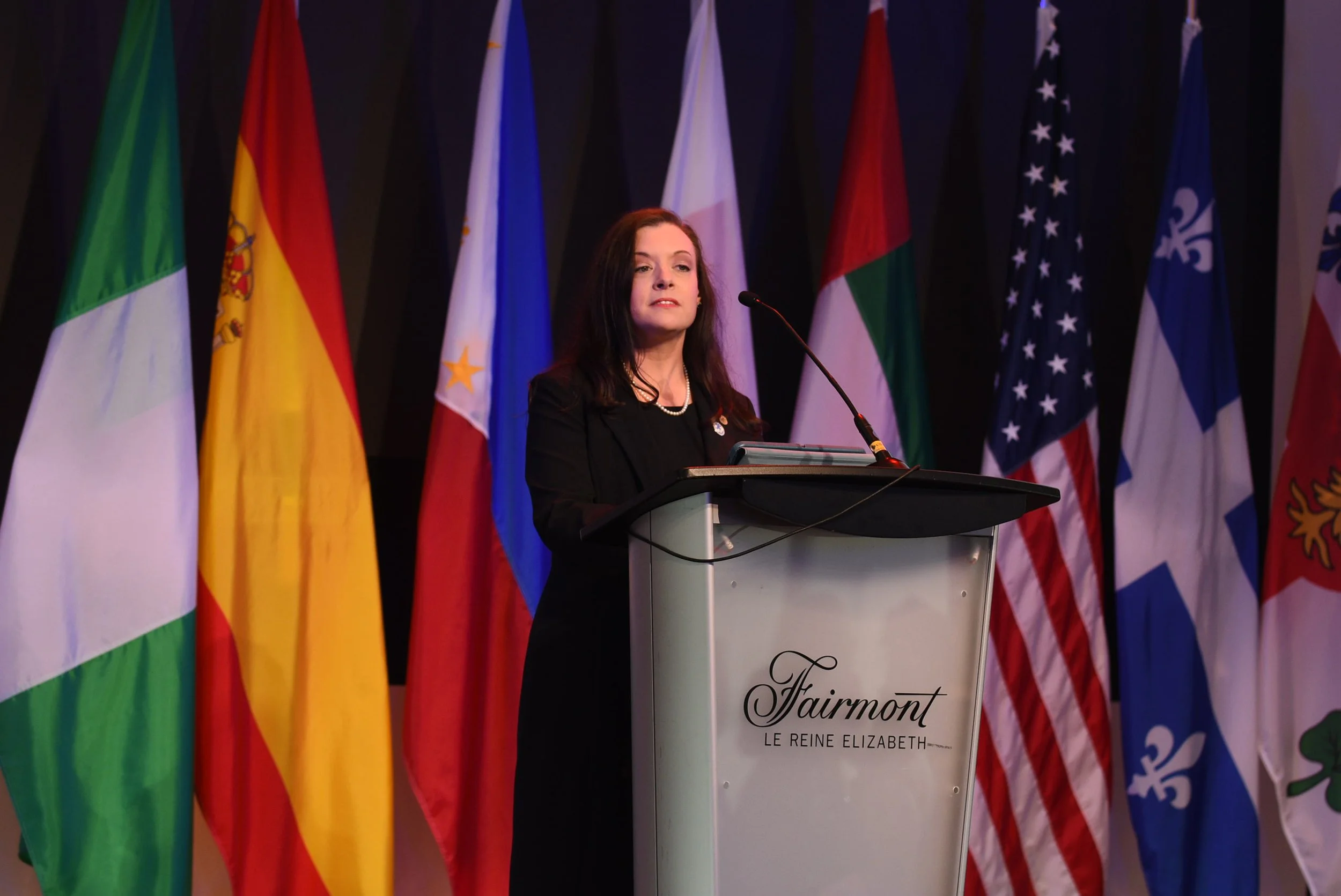 Catherine M. Wilson speaking at a lectern before a row of international flags at the 2024 PDI-POA Forum in Montréal.
