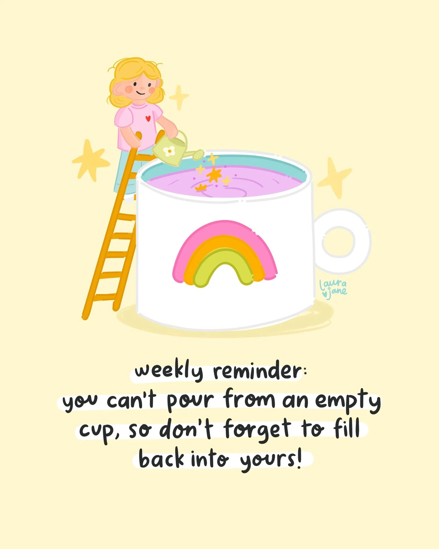 Weekly reminder to fill back into your cup ☕️✨ whatever that looks like for you 🥰✨

For me, it&rsquo;s creative time and walkies with my dogs 🐶 and lots of cuddles on the couch while reading 📖 

What&rsquo;s your favourite way to fill into your cu