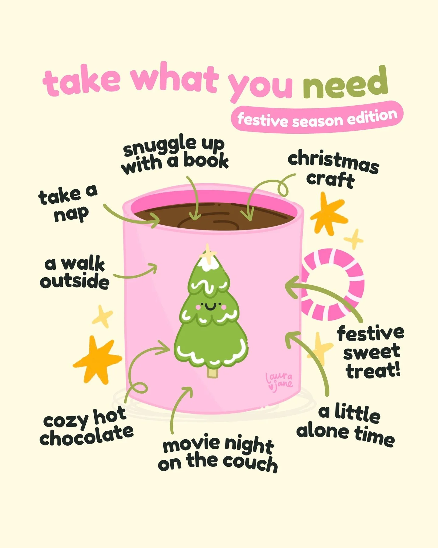 I loooooove the festive season 🎄✨ but also my goodness can it be busy and stressful too! 🙈

What are you planning to add to your festive self-care mug this December? ☕️
Also let me know in the comments what I forgot - what festive selfcare activity
