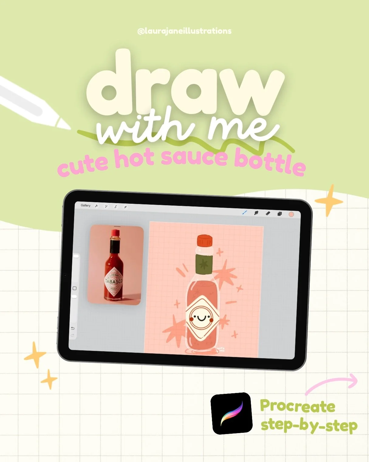 Let&rsquo;s draw a cute lil hot sauce bottle 🥵🌶️🔥

✏️ What I used:
- procreate app
- canvas size: 4096 x 5120px (300dpi)
- colour palette available to download on my Patreon (let me know in the comments if you&rsquo;d like the link to it)
-iPad pr