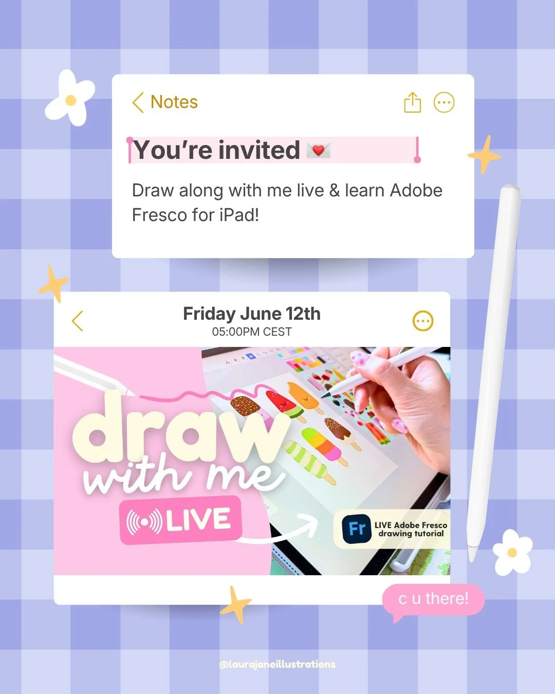 Come draw with me LIVE on YouTube this Friday (June 12th) 🥳✨

Grab your iPads and load up your Adobe Fresco app because we&rsquo;re getting together for another kawaii food themed drawing tutorial!! 

This month, we&rsquo;ll be taking inspiration fr