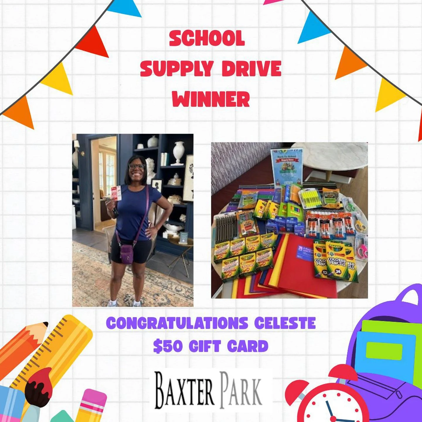We are thankful for our generous residents at Baxter Park that participated in the School Supply Drive! Congratulations to Celeste for winning the $50 gift card to Chilis!