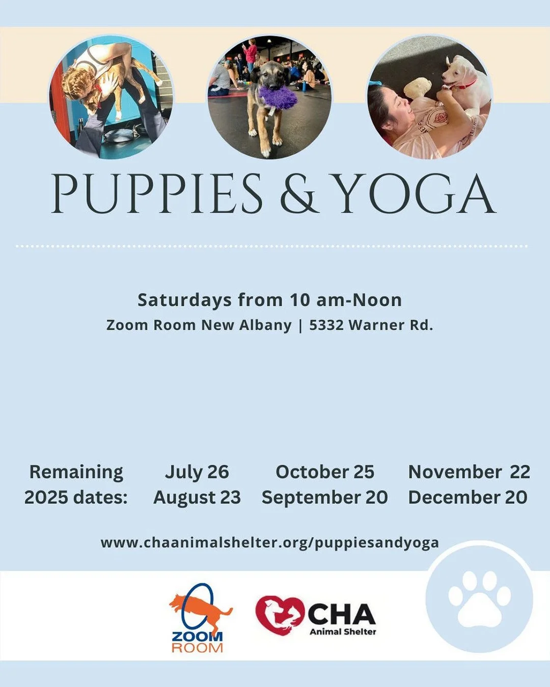 Do not miss out on Puppies and Yoga tomorrow from 10am-12pm! What a great event to support CHA Animal Shelter! 🐶