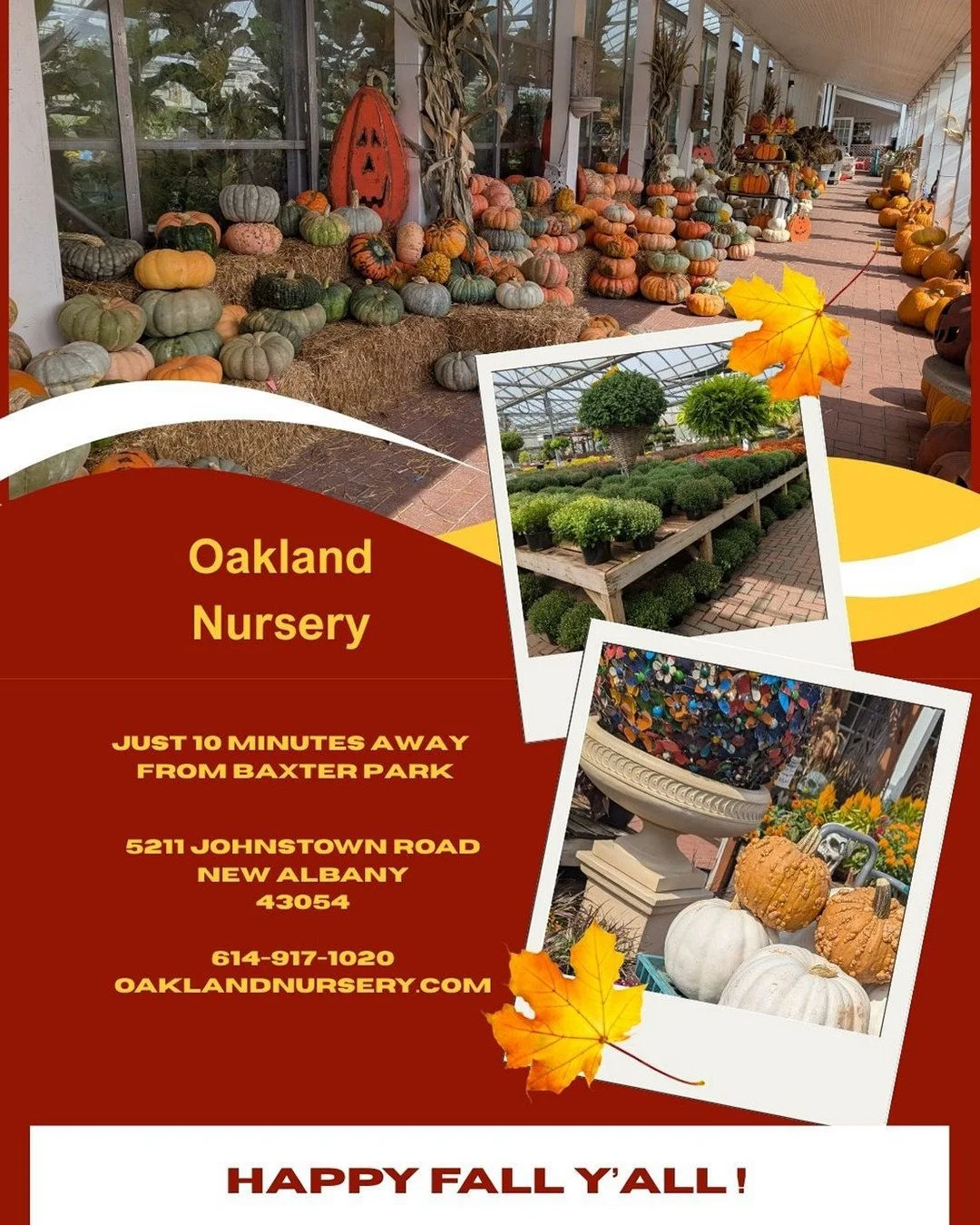 Happy Fall Y'all! If you are looking for fall decorations, check out Oakland Nursery that is just ten minutes away from Baxter Park!🍁🎃🍂