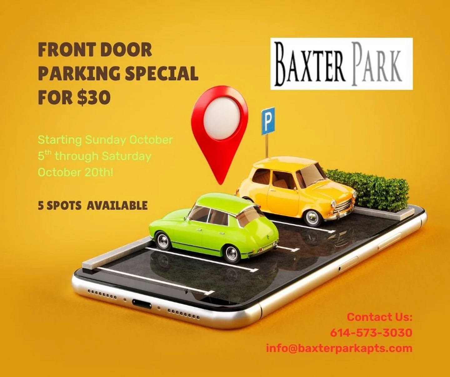 Front Door Parking Special for $30! Call or email the office to reserve your spot! Only 5 spots available!!!!!!!!