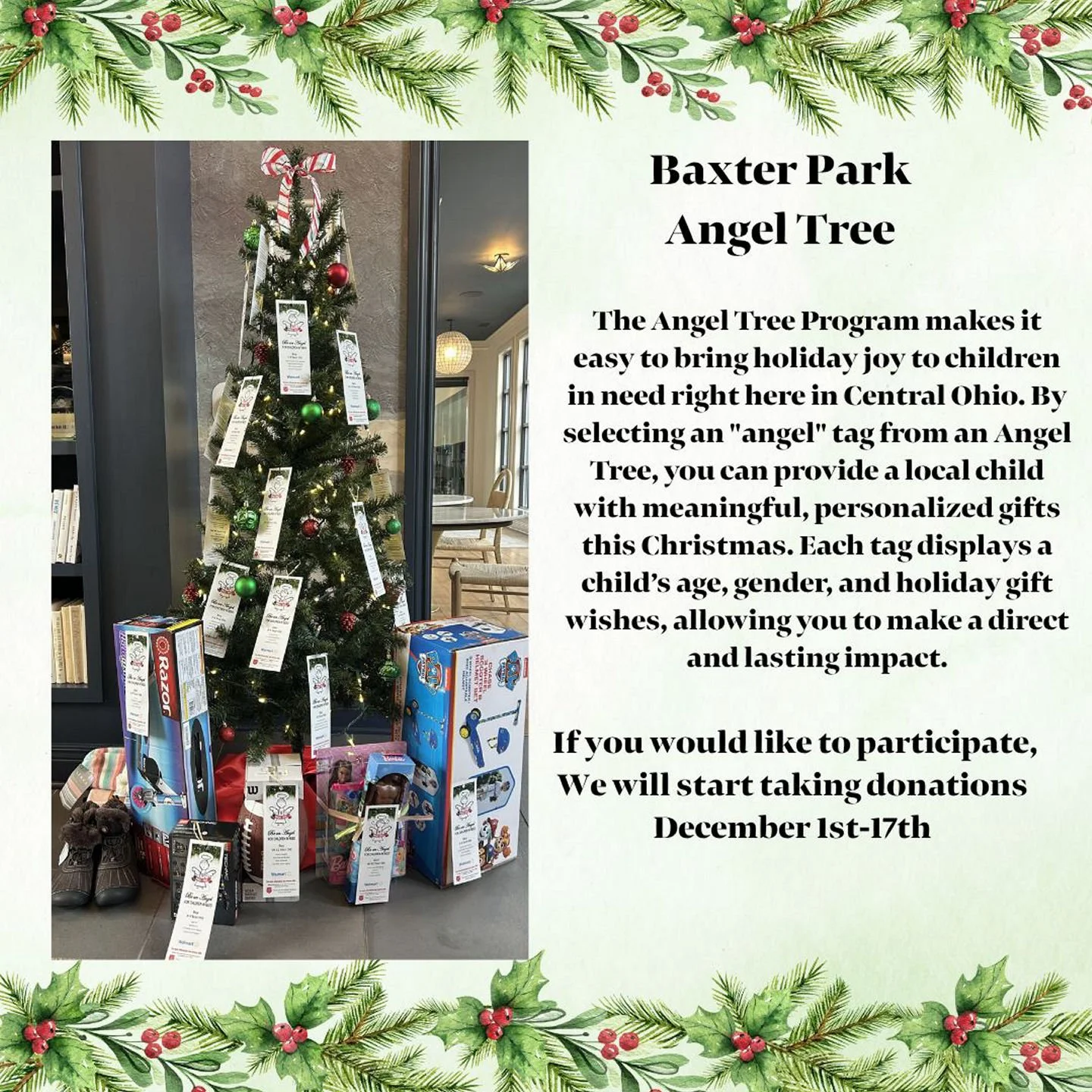 We will have an Angel Tree in the office again this year, this is a wonderful program sponsored by the Salvation Army to help provide Christmas gifts to children in need! If you would like to participate, we will have the tree up in the office area, 