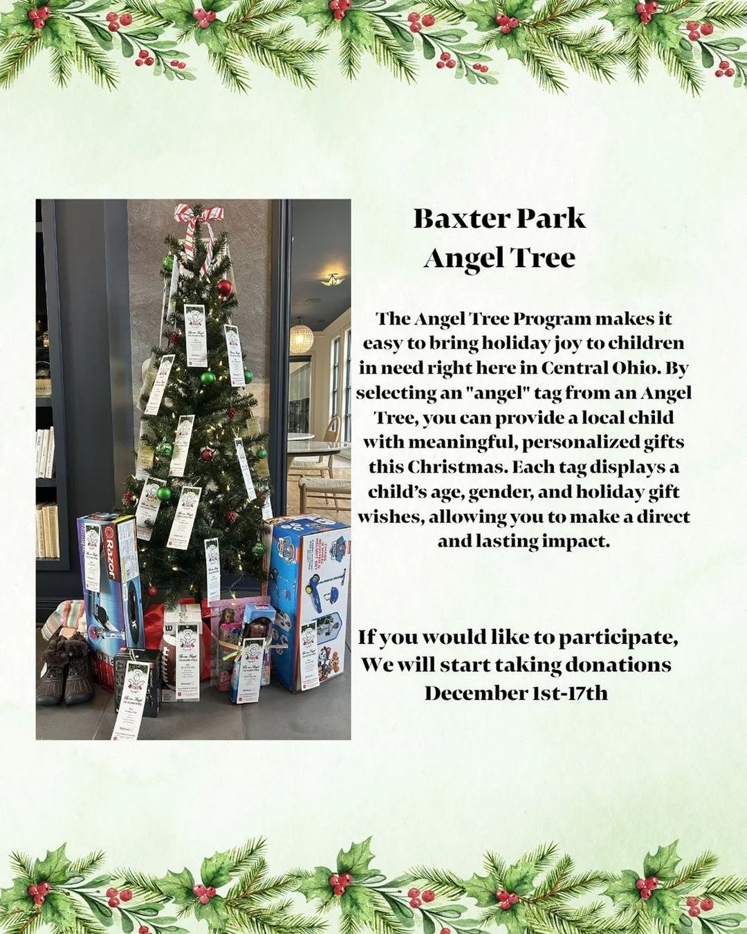 It is not to late to make a child in need smile Christmas morning!  The Angel Tree is in the office located by the front desk in the lobby. Come and grab a tag if you would like to participate! We are taking donations until December 17th.