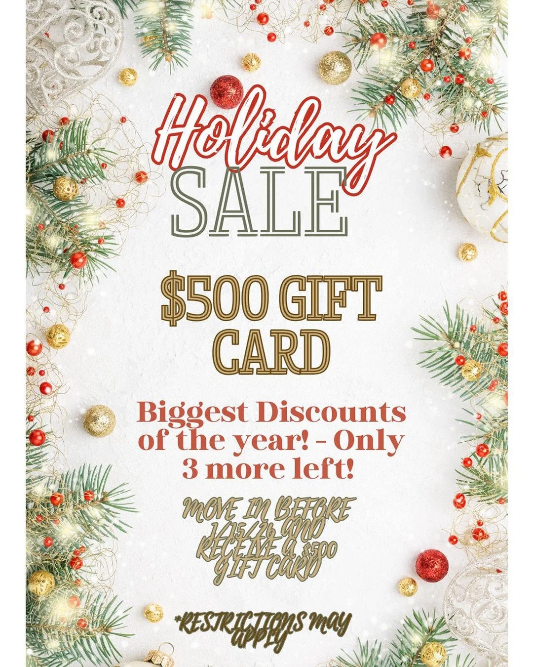 Holiday Sale on 2-bedroom 2-bath Pine and Cedar floorplans! LOW RATES and the first 3 that apply and move in by January 15th will get a $500 visa gift card!